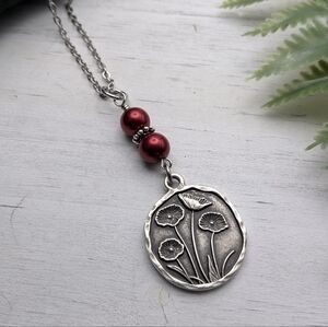 Silver Floral Poppy Pendant Necklace With Red Pearl Beads